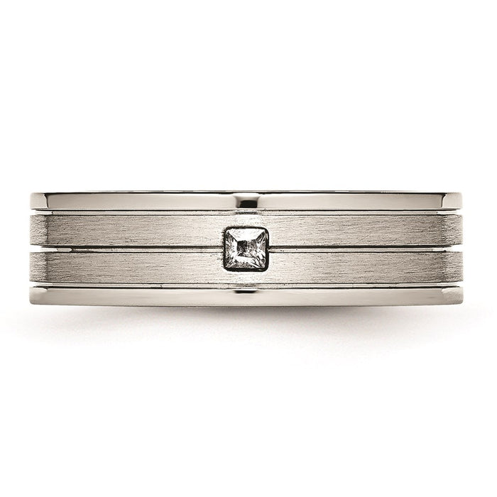 Unisex Fashion Jewelry, Chisel Brand Stainless Steel Brushed and Polished Grooved CZ Ring