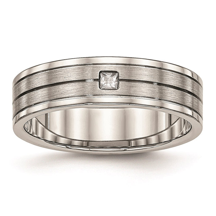 Unisex Fashion Jewelry, Chisel Brand Stainless Steel Brushed and Polished Grooved CZ Ring