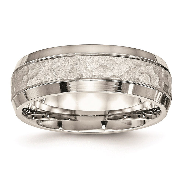 Unisex Fashion Jewelry, Chisel Brand Stainless Steel Brushed and Polished Hammered 7.50mm Ring Band