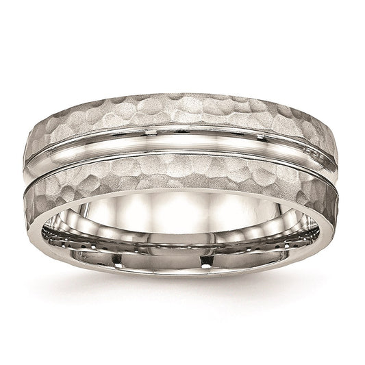 Unisex Fashion Jewelry, Chisel Brand Stainless Steel Polished Hammered and Grooved 7.50mm Ring Band
