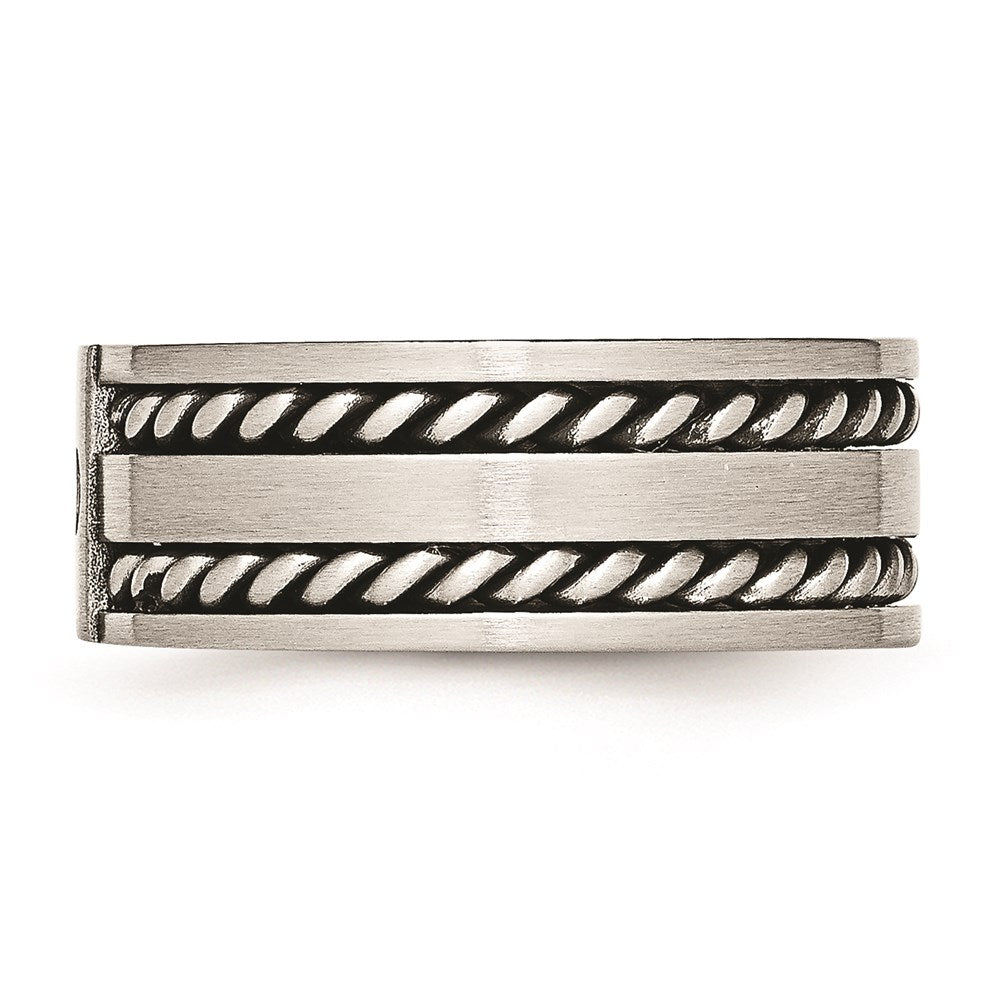Unisex Fashion Jewelry, Chisel Brand Stainless Steel Antiqued and Brushed with CZ Twisted 9.00mm Ring Band