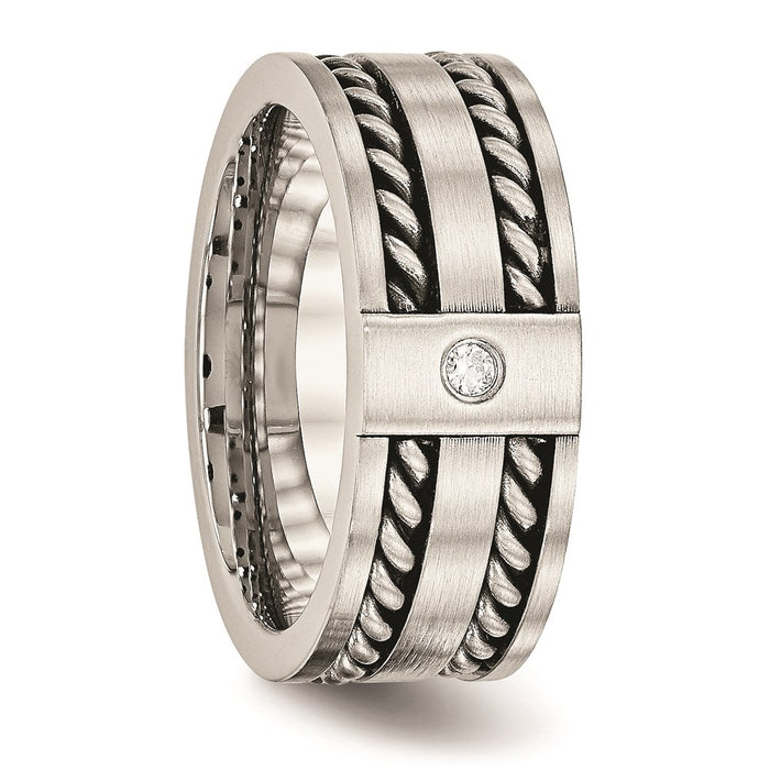 Unisex Fashion Jewelry, Chisel Brand Stainless Steel Antiqued and Brushed with CZ Twisted 9.00mm Ring Band