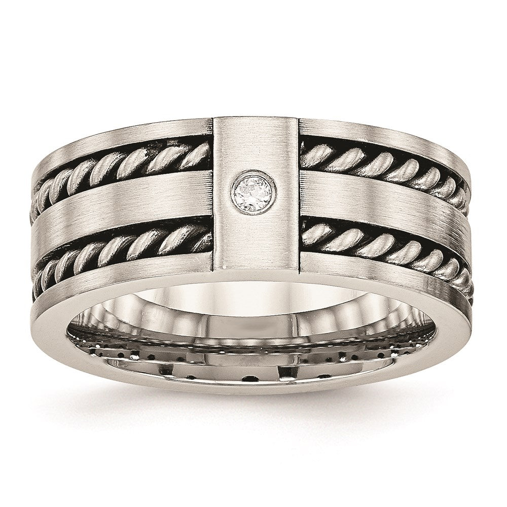 Unisex Fashion Jewelry, Chisel Brand Stainless Steel Antiqued and Brushed with CZ Twisted 9.00mm Ring Band