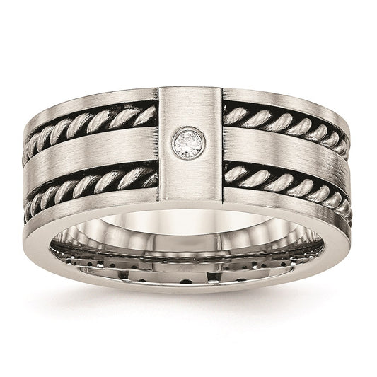 Unisex Fashion Jewelry, Chisel Brand Stainless Steel Antiqued and Brushed with CZ Twisted 9.00mm Ring Band