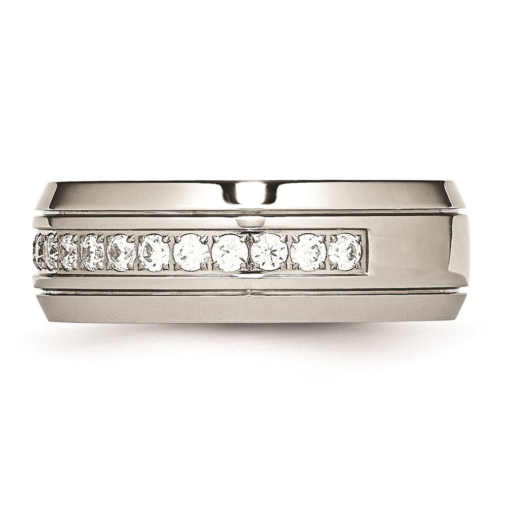 Unisex Fashion Jewelry, Chisel Brand Stainless Steel Polished Half Round Grooved CZ Ring