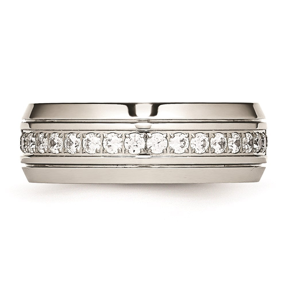 Unisex Fashion Jewelry, Chisel Brand Stainless Steel Polished Half Round Grooved CZ Ring