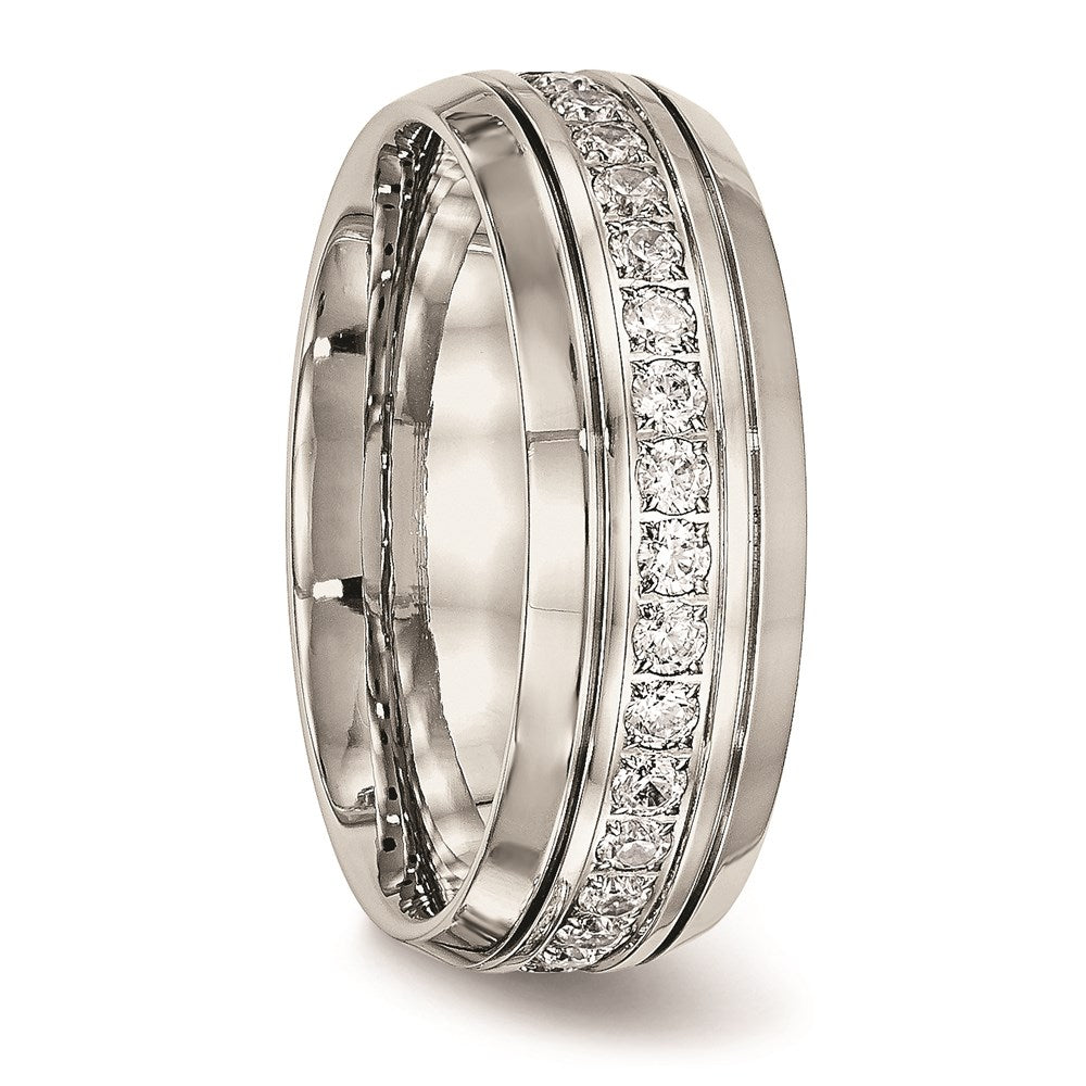 Unisex Fashion Jewelry, Chisel Brand Stainless Steel Polished Half Round Grooved CZ Ring