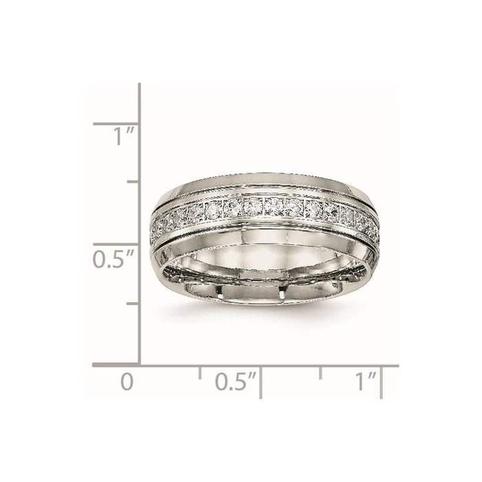 Unisex Fashion Jewelry, Chisel Brand Stainless Steel Polished Half Round Grooved CZ Ring