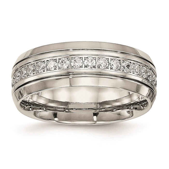 Unisex Fashion Jewelry, Chisel Brand Stainless Steel Polished Half Round Grooved CZ Ring