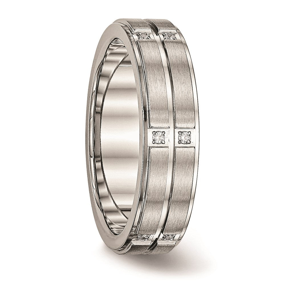 Unisex Fashion Jewelry, Chisel Brand Stainless Steel Brushed and Polished Grooved/Ridged Edge CZ Ring