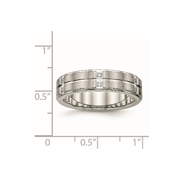 Unisex Fashion Jewelry, Chisel Brand Stainless Steel Brushed and Polished Grooved/Ridged Edge CZ Ring