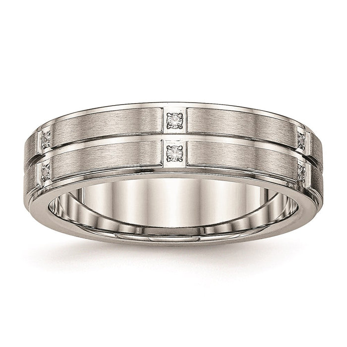 Unisex Fashion Jewelry, Chisel Brand Stainless Steel Brushed and Polished Grooved/Ridged Edge CZ Ring