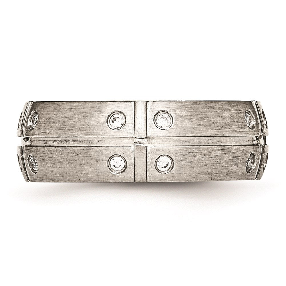 Unisex Fashion Jewelry, Chisel Brand Stainless Steel Brushed Half Round/Grooved CZ Ring