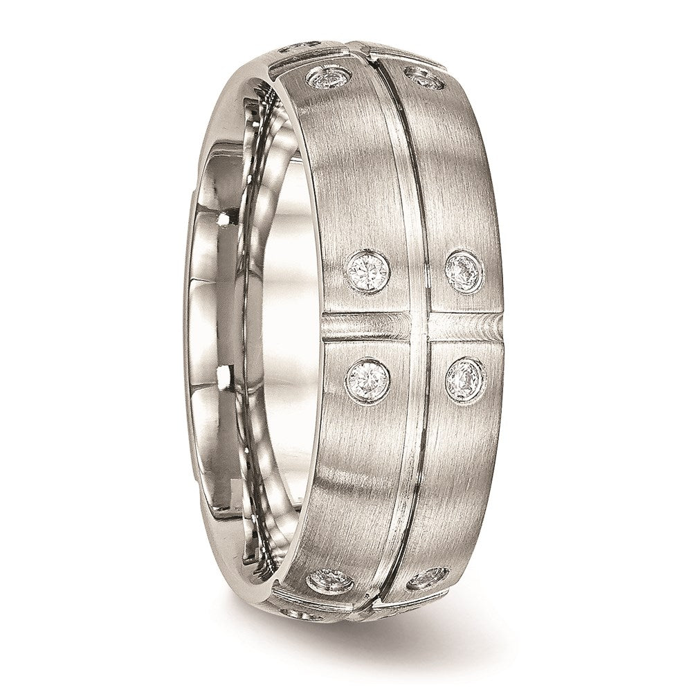 Unisex Fashion Jewelry, Chisel Brand Stainless Steel Brushed Half Round/Grooved CZ Ring