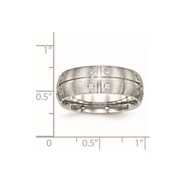 Unisex Fashion Jewelry, Chisel Brand Stainless Steel Brushed Half Round/Grooved CZ Ring