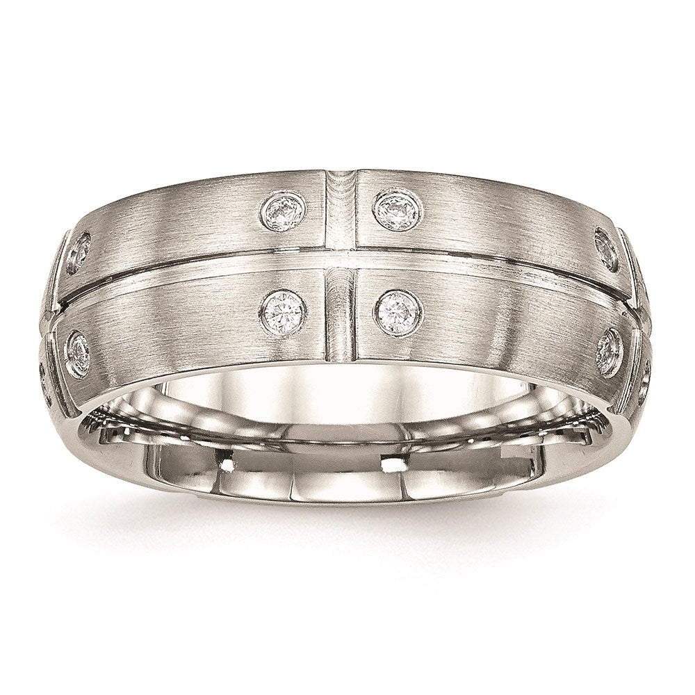 Unisex Fashion Jewelry, Chisel Brand Stainless Steel Brushed Half Round/Grooved CZ Ring