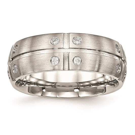 Unisex Fashion Jewelry, Chisel Brand Stainless Steel Brushed Half Round/Grooved CZ Ring