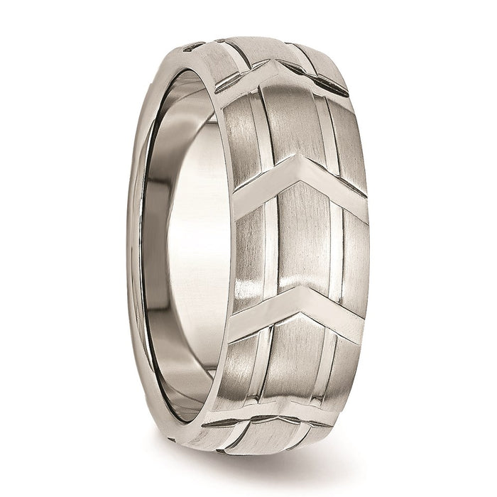 Unisex Fashion Jewelry, Chisel Brand Stainless Steel Grooved 8mm Brushed & Polished Ring Band