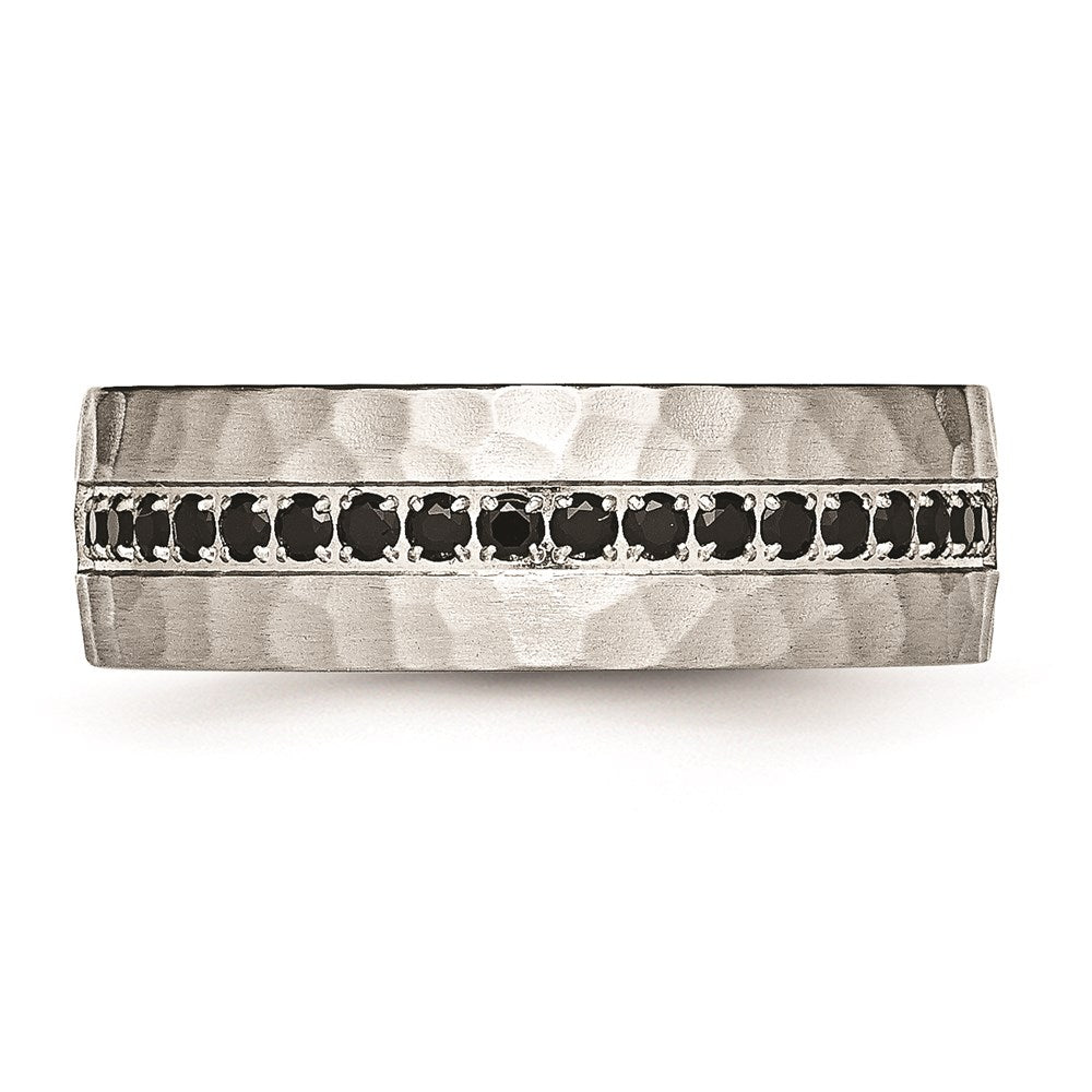 Unisex Fashion Jewelry, Chisel Brand Stainless Steel Brushed and Polished Black CZ Hammered Ring