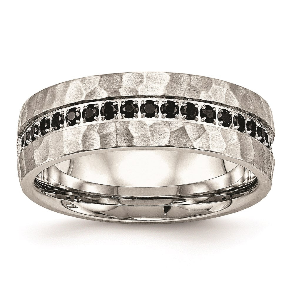 Unisex Fashion Jewelry, Chisel Brand Stainless Steel Brushed and Polished Black CZ Hammered Ring