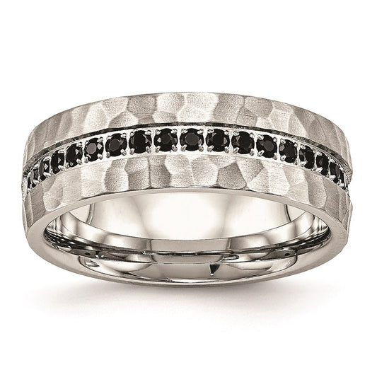 Unisex Fashion Jewelry, Chisel Brand Stainless Steel Brushed and Polished Black CZ Hammered Ring