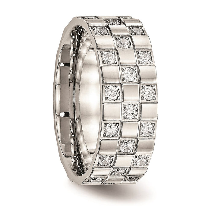 Unisex Fashion Jewelry, Chisel Brand Stainless Steel Polished Checkered Board CZ Ring