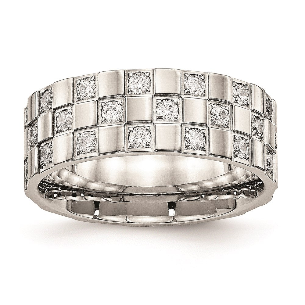 Unisex Fashion Jewelry, Chisel Brand Stainless Steel Polished Checkered Board CZ Ring