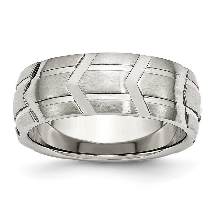 Unisex Fashion Jewelry, Chisel Brand Stainless Steel Grooved 8mm Brushed & Polished Ring Band
