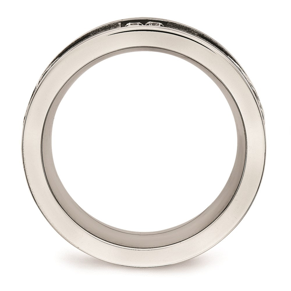 Unisex Fashion Jewelry, Chisel Brand Stainless Steel Polished Laser Cut Blk IP Wire Inlay CZ Ring Band