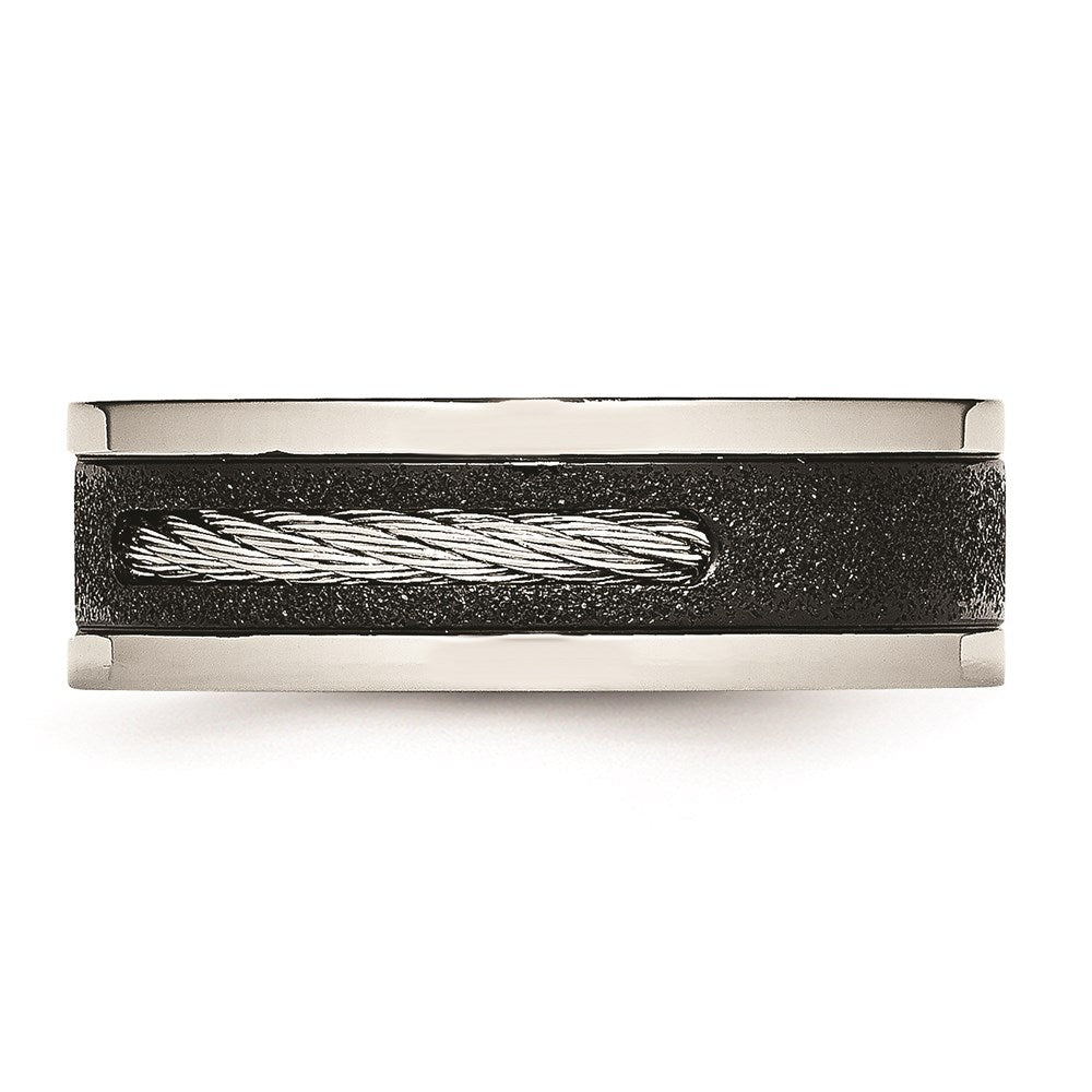 Unisex Fashion Jewelry, Chisel Brand Stainless Steel Polished Laser Cut Blk IP Wire Inlay CZ Ring Band