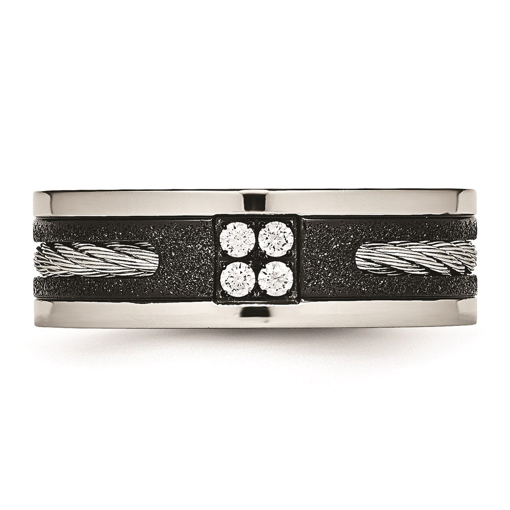 Unisex Fashion Jewelry, Chisel Brand Stainless Steel Polished Laser Cut Blk IP Wire Inlay CZ Ring Band