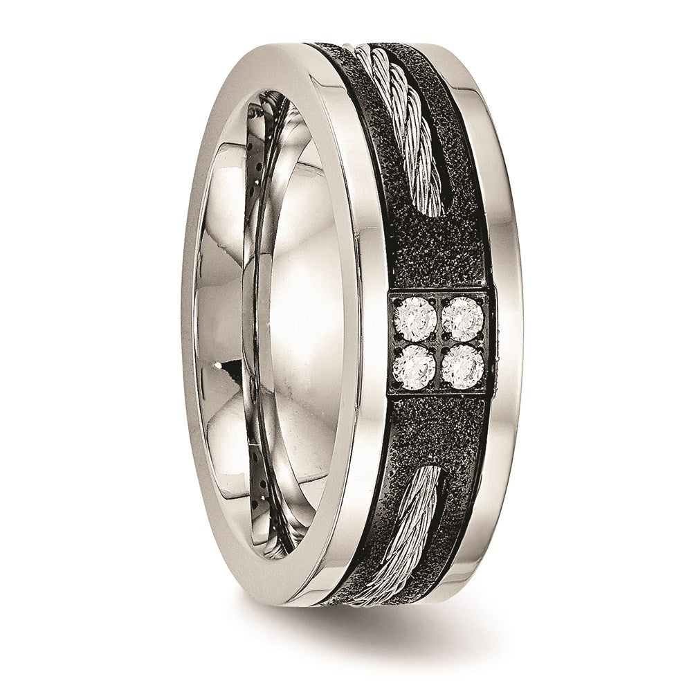 Unisex Fashion Jewelry, Chisel Brand Stainless Steel Polished Laser Cut Blk IP Wire Inlay CZ Ring Band