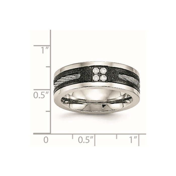 Unisex Fashion Jewelry, Chisel Brand Stainless Steel Polished Laser Cut Blk IP Wire Inlay CZ Ring Band
