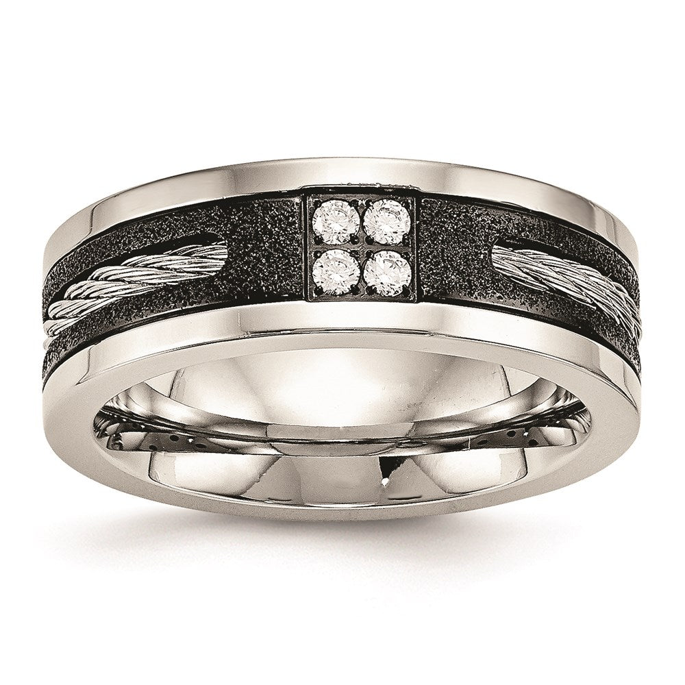 Unisex Fashion Jewelry, Chisel Brand Stainless Steel Polished Laser Cut Blk IP Wire Inlay CZ Ring Band