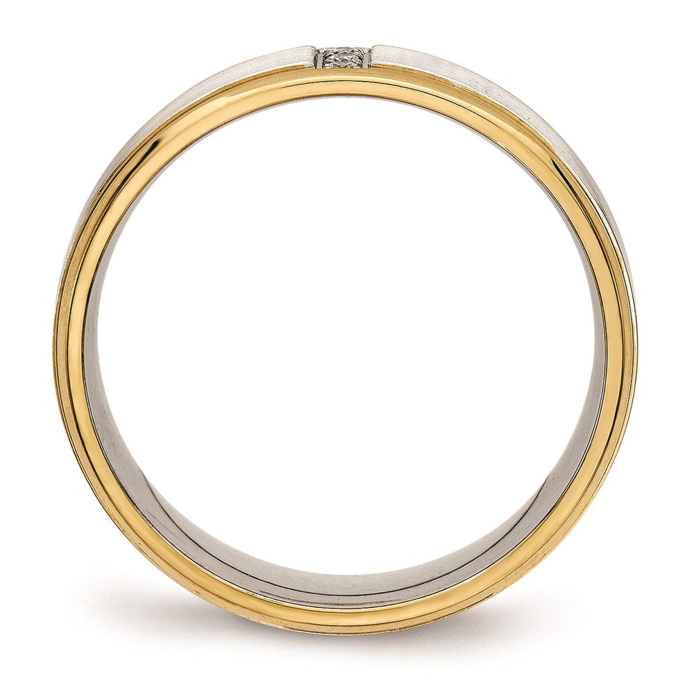 Unisex Fashion Jewelry, Chisel Brand Stainless Steel Polished Yellow IP CZ Grooved Comfort Back Ring