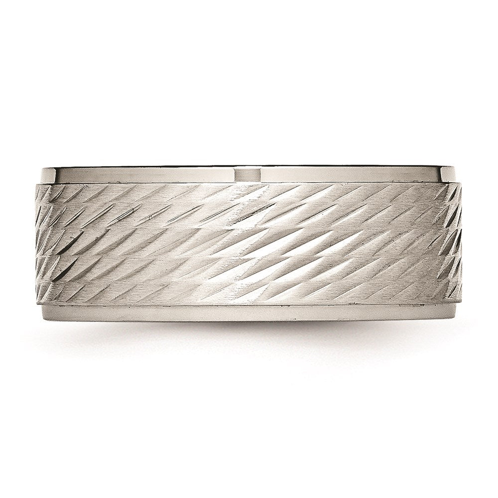 Unisex Fashion Jewelry, Chisel Brand Stainless Steel Polished w/Brushed Center Ridged Edge Diamond Cut Ring