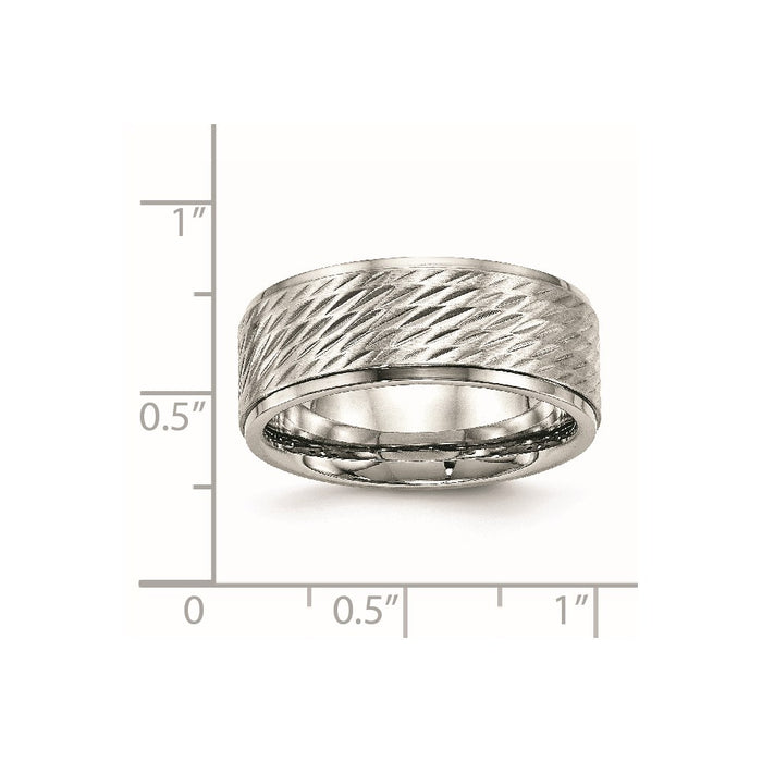 Unisex Fashion Jewelry, Chisel Brand Stainless Steel Polished w/Brushed Center Ridged Edge Diamond Cut Ring