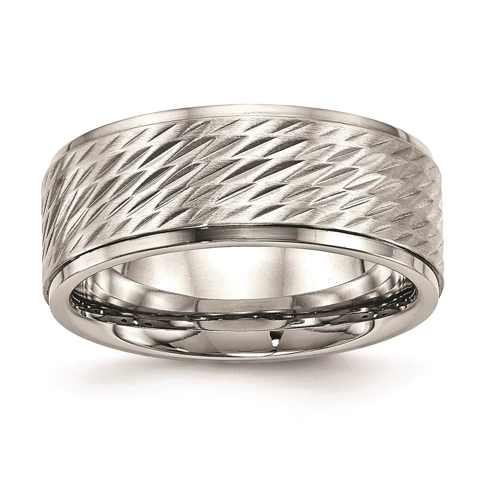 Unisex Fashion Jewelry, Chisel Brand Stainless Steel Polished w/Brushed Center Ridged Edge Diamond Cut Ring
