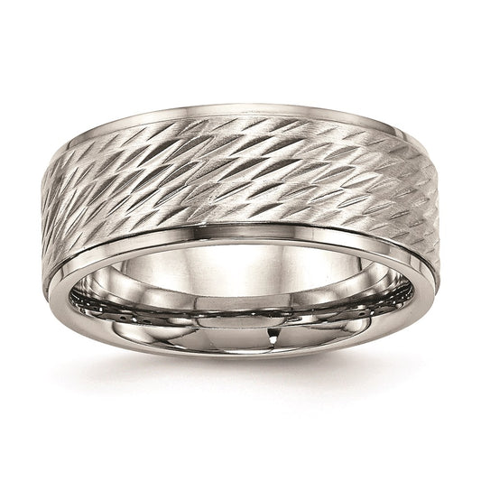 Unisex Fashion Jewelry, Chisel Brand Stainless Steel Polished w/Brushed Center Ridged Edge Diamond Cut Ring