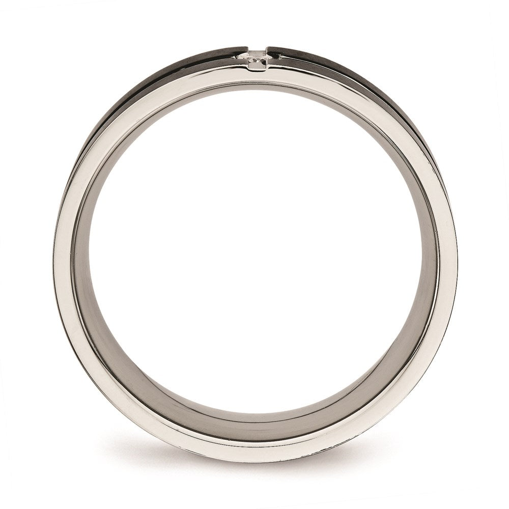 Unisex Fashion Jewelry, Chisel Brand Stainless Steel Polished Black IP Grooved CZ Comfort Back Ring