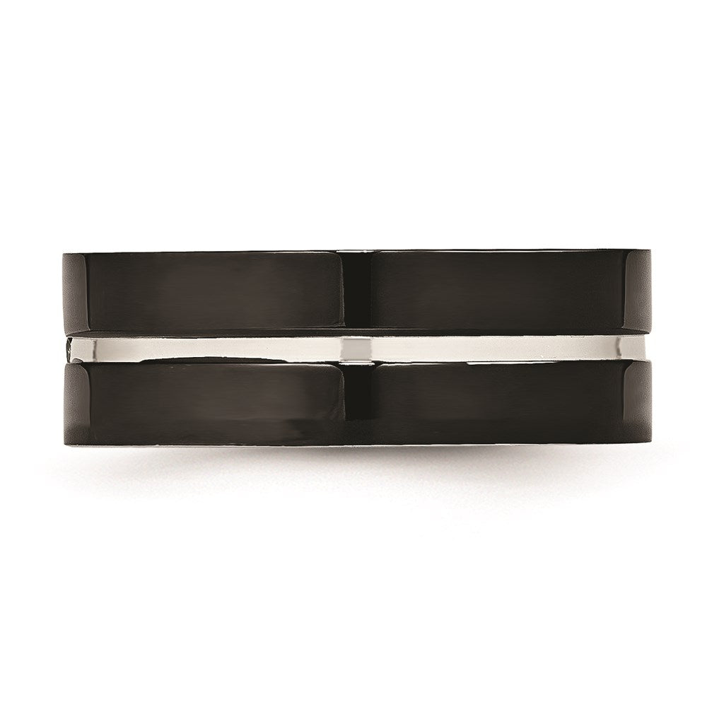 Unisex Fashion Jewelry, Chisel Brand Stainless Steel Polished Black IP Grooved CZ Comfort Back Ring
