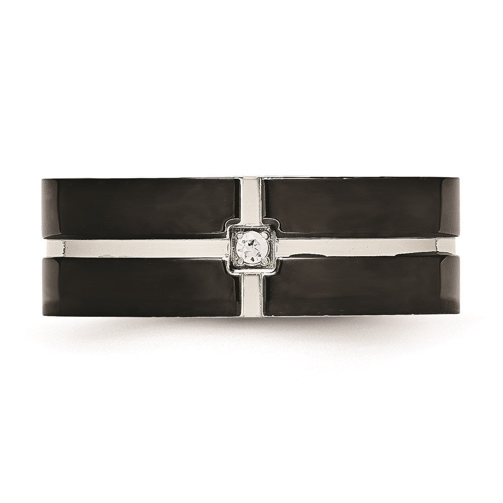 Unisex Fashion Jewelry, Chisel Brand Stainless Steel Polished Black IP Grooved CZ Comfort Back Ring