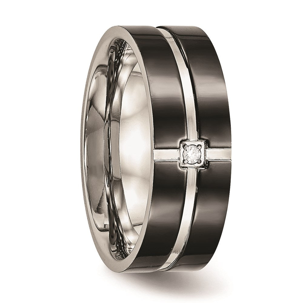 Unisex Fashion Jewelry, Chisel Brand Stainless Steel Polished Black IP Grooved CZ Comfort Back Ring