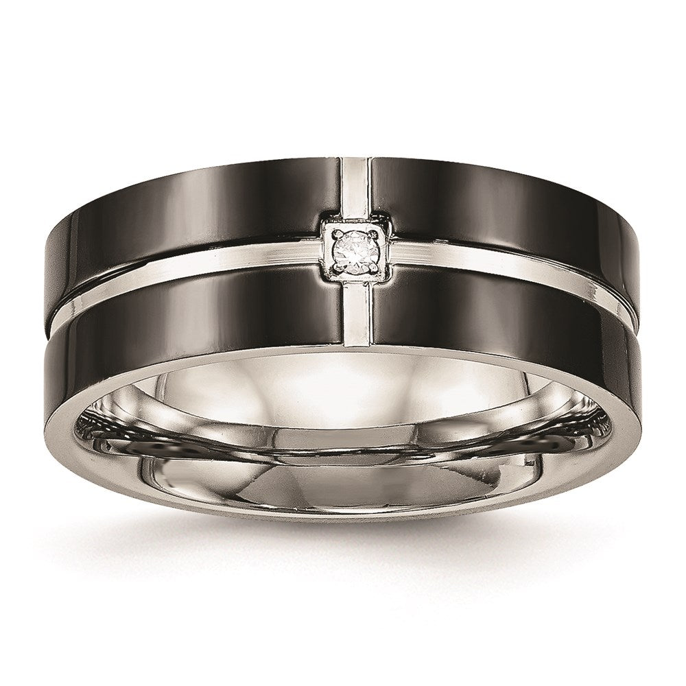 Unisex Fashion Jewelry, Chisel Brand Stainless Steel Polished Black IP Grooved CZ Comfort Back Ring