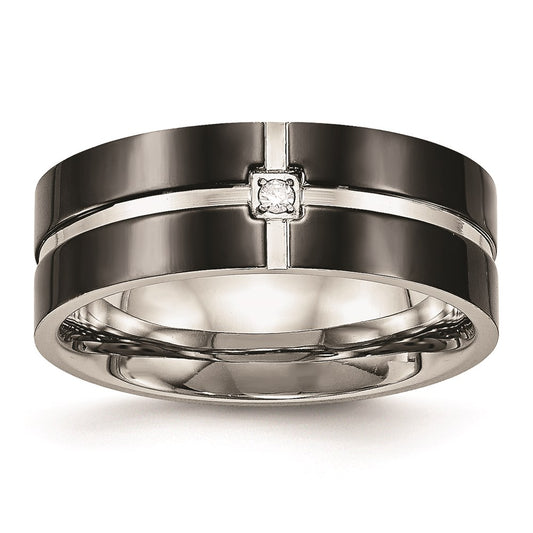 Unisex Fashion Jewelry, Chisel Brand Stainless Steel Polished Black IP Grooved CZ Comfort Back Ring