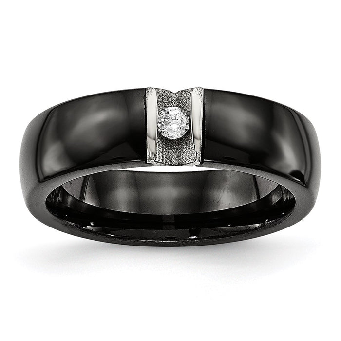 Unisex Fashion Jewelry, Chisel Brand Stainless Steel Polished & Laser Cut Black Ceramic CZ Ring