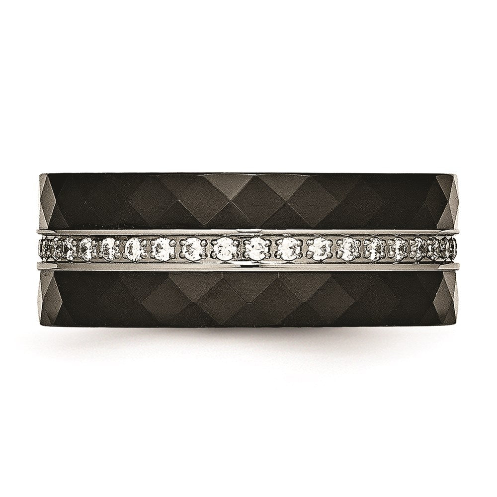 Unisex Fashion Jewelry, Chisel Brand Stainless Steel Polished Faceted Black Ceramic CZ Ring