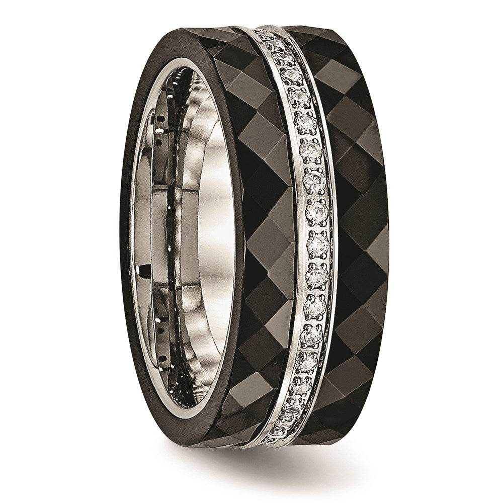 Unisex Fashion Jewelry, Chisel Brand Stainless Steel Polished Faceted Black Ceramic CZ Ring