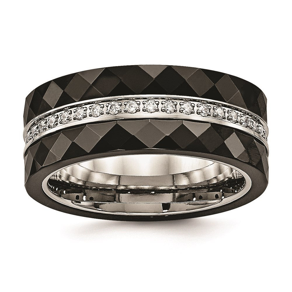 Unisex Fashion Jewelry, Chisel Brand Stainless Steel Polished Faceted Black Ceramic CZ Ring