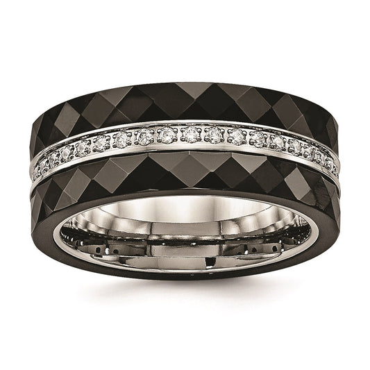 Unisex Fashion Jewelry, Chisel Brand Stainless Steel Polished Faceted Black Ceramic CZ Ring
